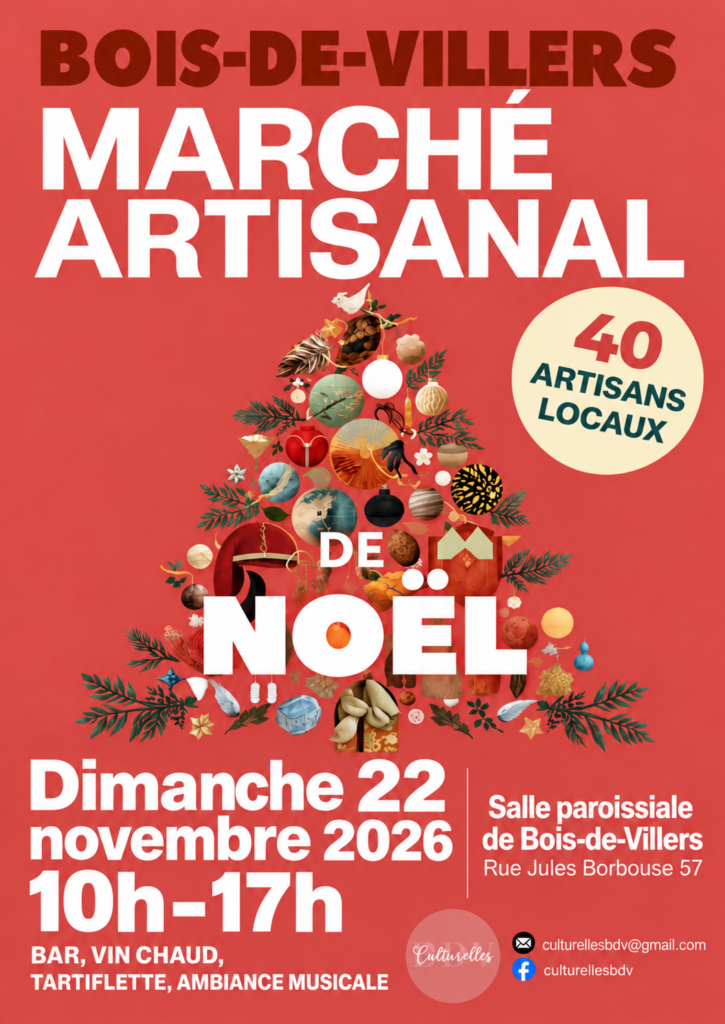 Affiche du marché artisanal de Noël de Bois-de-Villers : dimanche 22 novembre 2026, 10h–17h, salle paroissiale, 40 artisans locaux