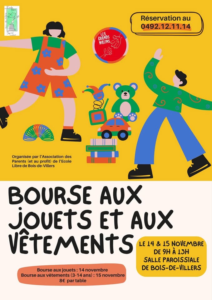 Affiche de la bourse aux jouets et aux vêtements des 14 et 15 novembre à la salle paroissiale de Bois-de-Villers